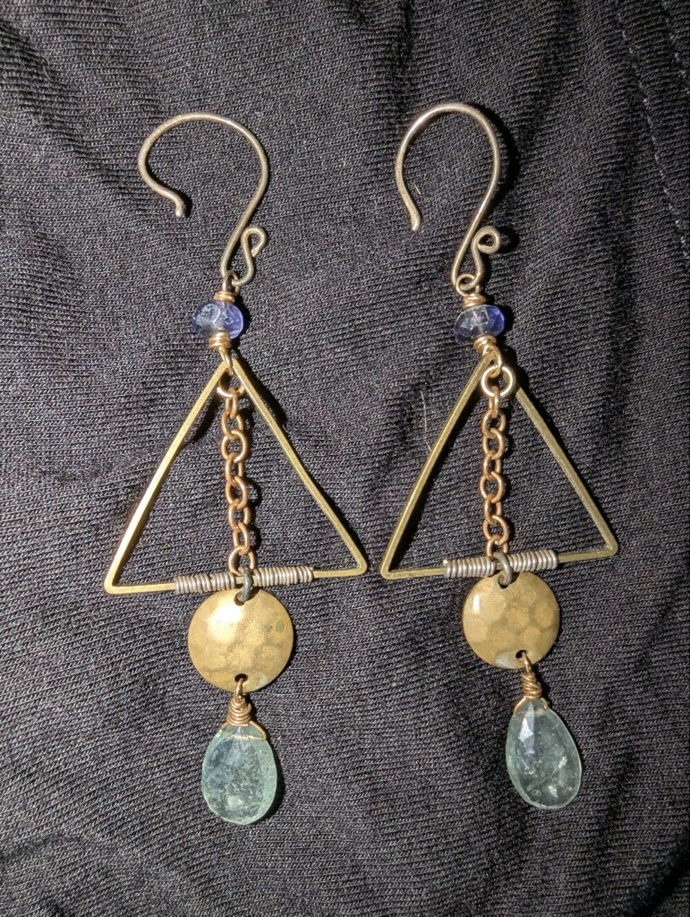 Handmade Brass Triangle Drop Earrings with Blue Accent